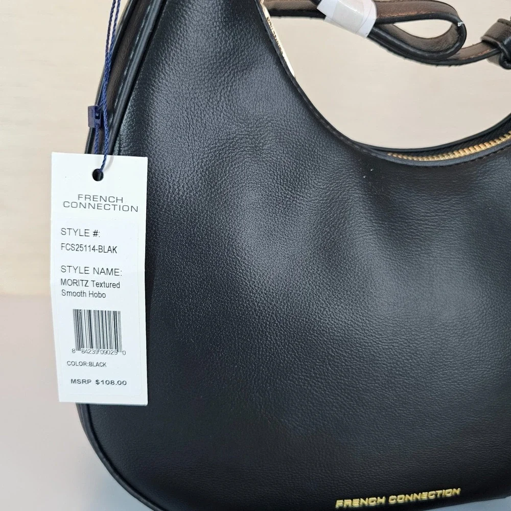French Connection Moritz Hobo Bag Womens Black Smooth Zip Purse Shoulder